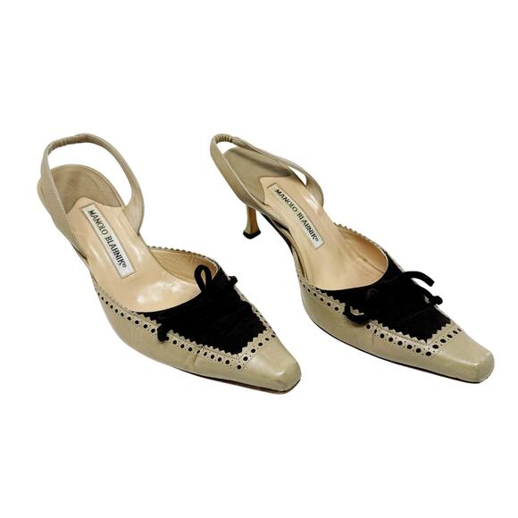 Manolo Blahnik Vintage Two Tone Brogue Slingback Kitten Heels 37.5 - Picture 2 of 12